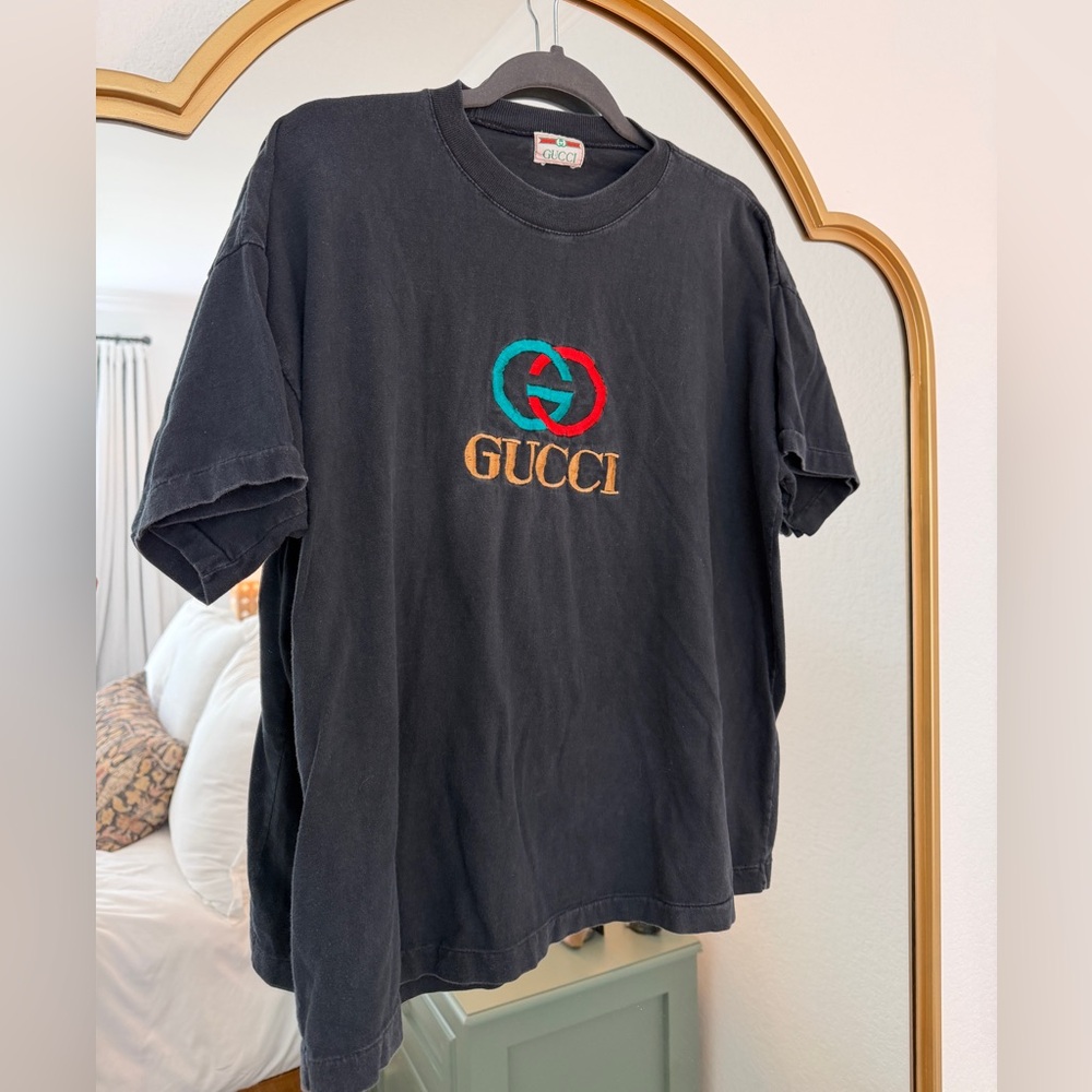 Vintage Gucci Black Logo Embroidered Short Sleeve T-Shirt